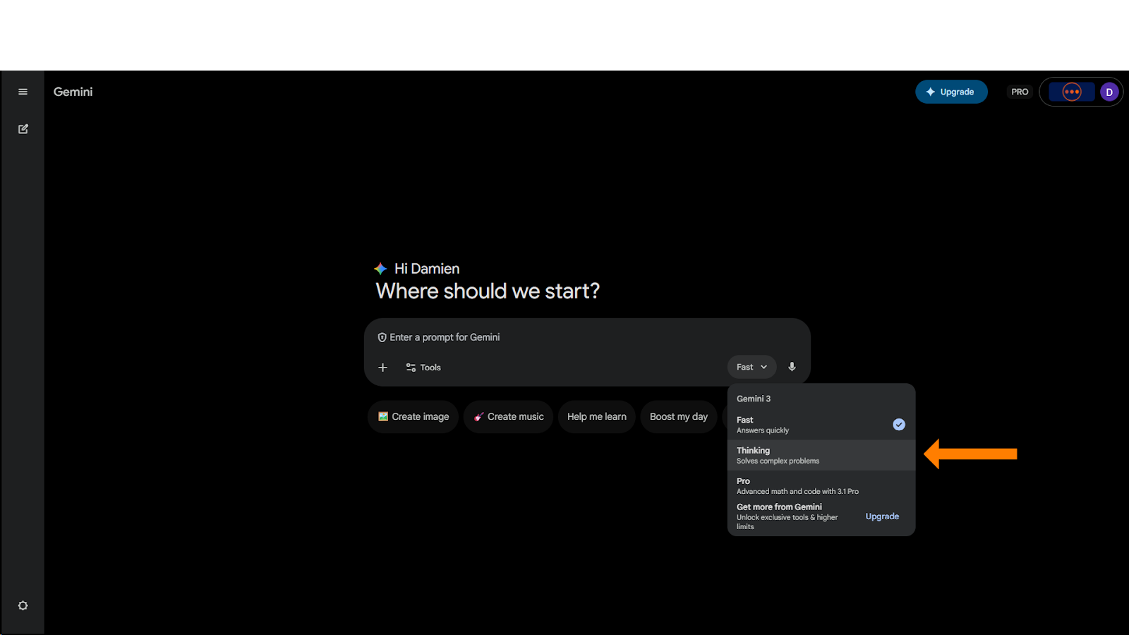 A screenshot of the Gemini interface with a dropdown menu open from the "Fast" model selector. An orange arrow points to the "Thinking" option, which is described as being for "complex problems". Other options include "Fast" and "Pro".