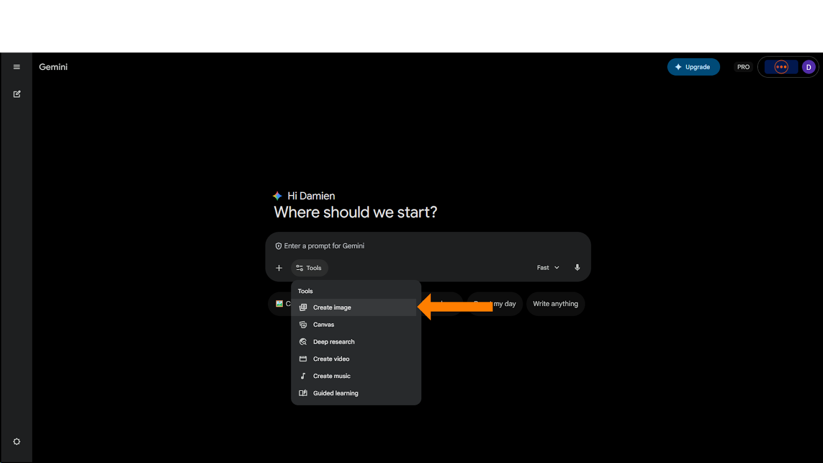 A screenshot of the Gemini interface with the "Tools" menu expanded. An orange arrow points to the "Create image" tool. The list also includes "Canvas," "Deep research," "Create video," "Create music," and "Guided learning".