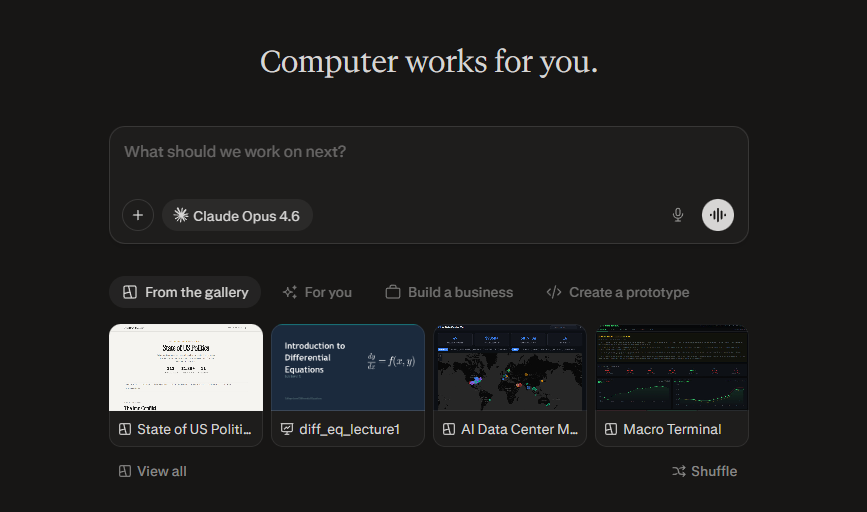 A screenshot of the "Computer works for you" interface in Perplexity. A large text box asks "What should we work on next?" with the model "Claude Opus 4.6" selected. Below this, a gallery of four active projects is shown: "State of US Politics," "Introduction to Differential Equations," "AI Data Center Monitor," and "Macro Terminal".