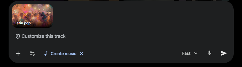 A close-up of the Gemini prompt bar after selecting a genre. A small "Latin pop" thumbnail is visible in the top left of the bar, followed by the text "Customize this track".