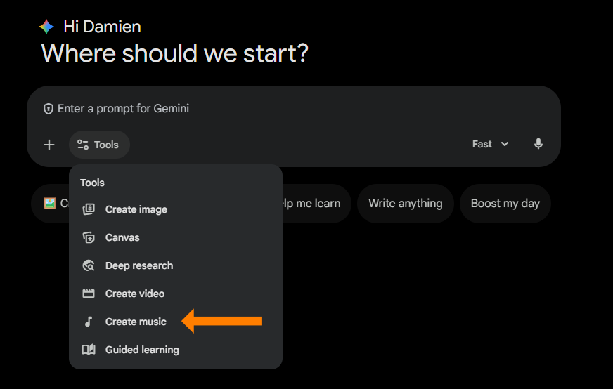 A screenshot of the Gemini "Tools" menu with an orange arrow pointing directly to the "Create music" option.