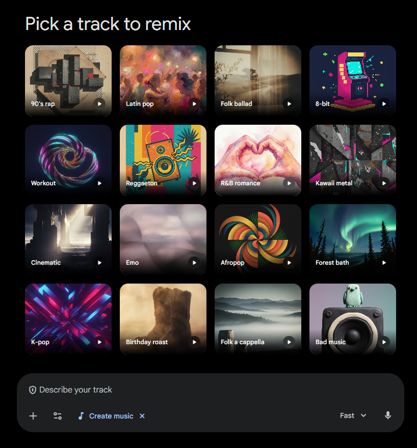 A "Pick a track to remix" interface in Gemini displaying a 4x4 grid of musical genre tiles. Featured genres include "90's rap," "Latin pop," "8-bit," "Kawaii metal," "Forest bath," and "Bad music," each with a representative thumbnail image and a play icon. A prompt bar at the bottom says "Describe your track".