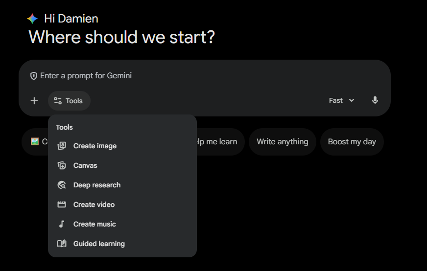 A screenshot of the Gemini interface with the "Tools" menu expanded from the prompt bar. The list of tools includes "Create image," "Canvas," "Deep research," "Create video," "Create music," and "Guided learning".