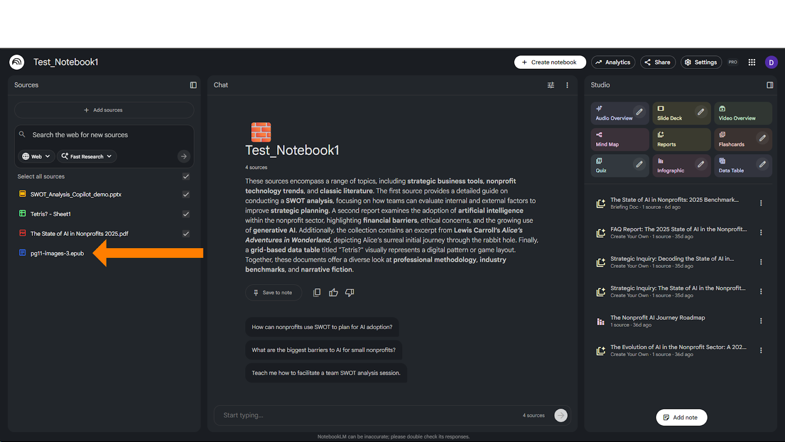A screenshot of the NotebookLM "Test_Notebook1" dashboard with an orange arrow pointing to a specific source in the left sidebar titled "pg11-images-3.epub". This indicates the platform's ability to now process and analyze eBook files alongside PDFs and slide decks. The right "Studio" panel shows previously generated reports and audio overviews based on these diverse sources.