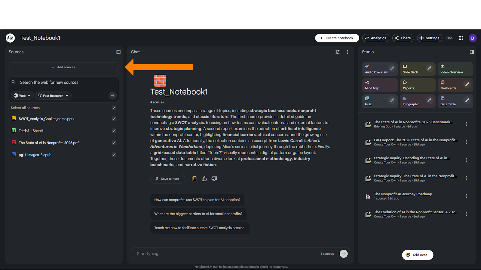 A screenshot of the NotebookLM dashboard for "Test_Notebook1" in dark mode. An orange arrow points to the "+ Add sources" button in the left sidebar, which is used to expand the current collection of four documents. The central chat area provides a summary of the loaded topics, ranging from strategic business tools to classic literature.