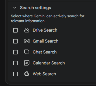 A screenshot of the "Search settings" menu within the Gemini interface. It features a list of checkboxes allowing Gemini to "actively search for relevant information" across different Google services. The options include Drive Search, Gmail Search, Chat Search, Calendar Search, and Web Search.