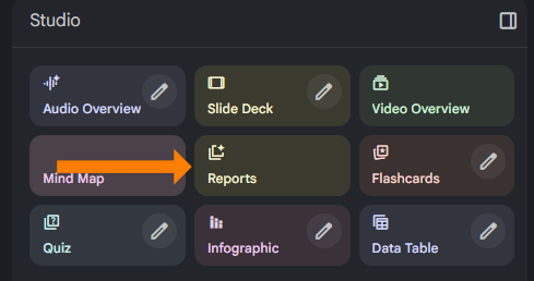 A screenshot of the NotebookLM "Studio" panel in dark mode. An orange arrow points to the "Reports" button, which now features a pencil "edit" icon in the top right corner, indicating that report formats can be customized.