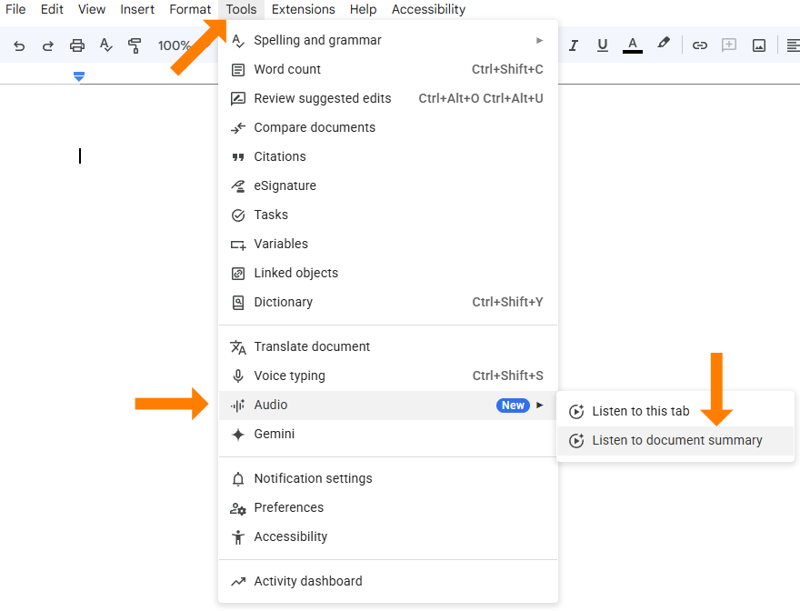 A screenshot of a Google Doc with the "Tools" menu open. Three orange arrows highlight the navigation path to a new audio feature: the first points to the "Tools" menu in the top toolbar, the second points to a new "Audio" menu item with a "New" blue badge, and the third points to the resulting sub-menu option "Listen to document summary". Other sub-menu options visible include "Listen to this tab" and standard tools like Translate document and Voice typing.