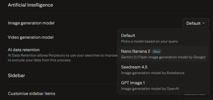 A close-up of the "Image generation model" dropdown menu in Perplexity. The menu lists three options: "Default," "Nano Banana 2" (tagged as "New" and described as the Gemini 3 Flash image generation model by Google), and "Seedream 4.5" by Bytedance.