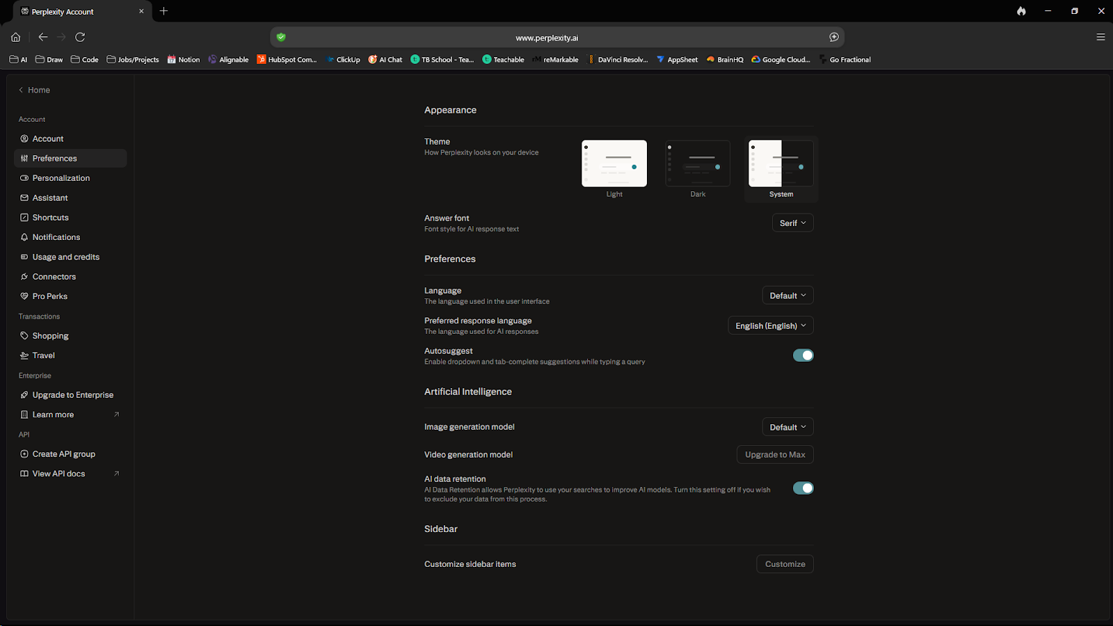 A screenshot of the Perplexity "Account Settings" page under the "Preferences" tab. The interface allows users to customize Appearance (Theme and Answer font), Language settings, and Artificial Intelligence preferences, including a toggle for AI data retention.