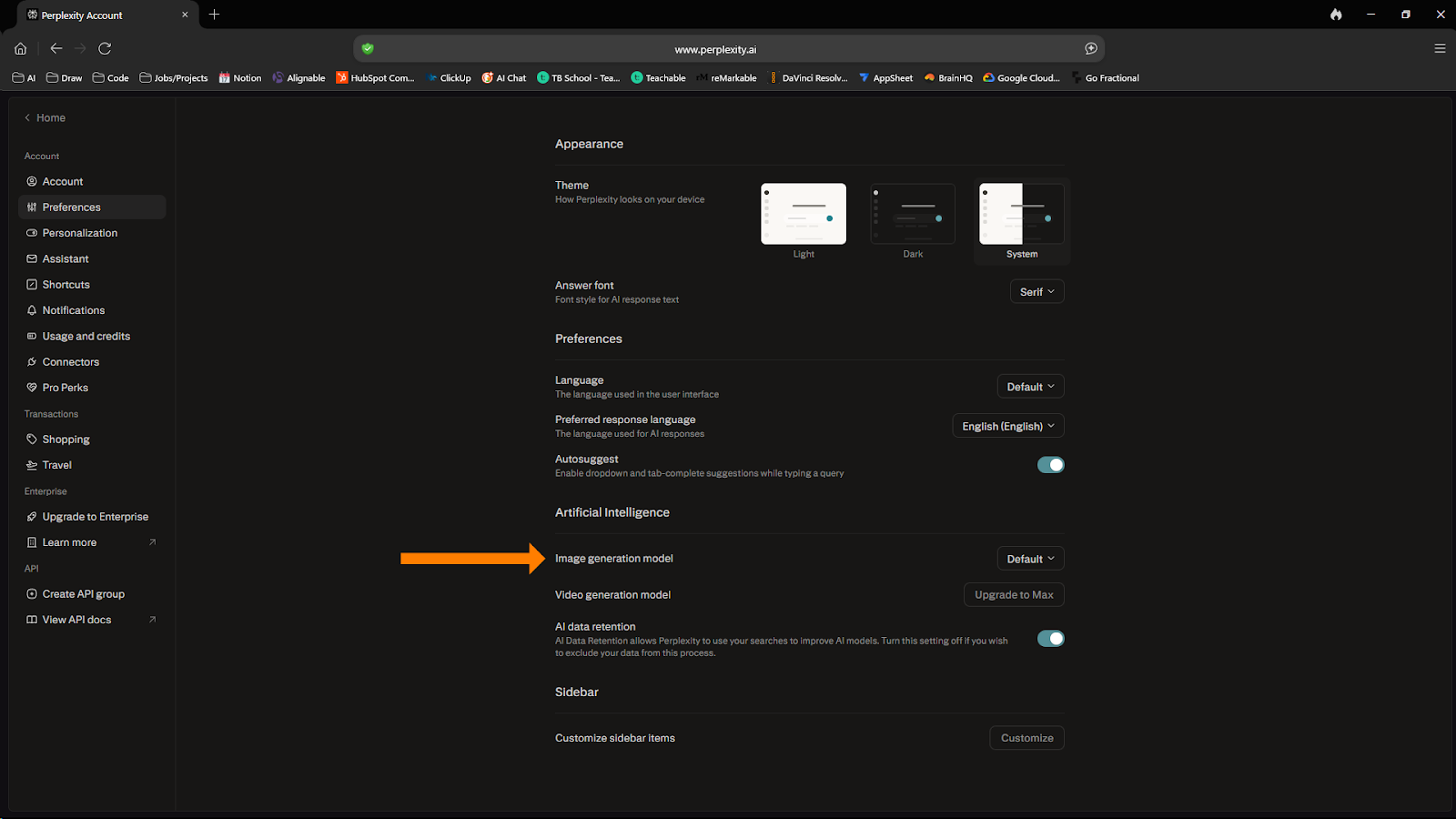 A screenshot of the Perplexity "Preferences" menu with an orange arrow pointing to the "Image generation model" selector. The current setting is shown as "Default".