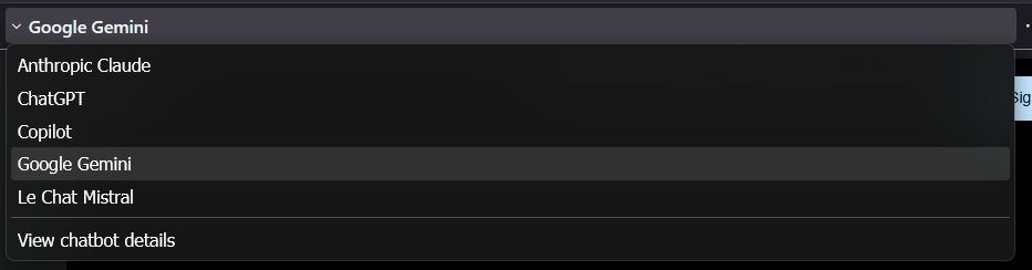 A close-up screenshot of the chatbot selection dropdown menu within the Firefox sidebar. "Google Gemini" is currently selected and highlighted in grey. The other available options listed in the menu are Anthropic Claude, ChatGPT, Copilot, and Le Chat Mistral, with a "View chatbot details" link at the bottom.