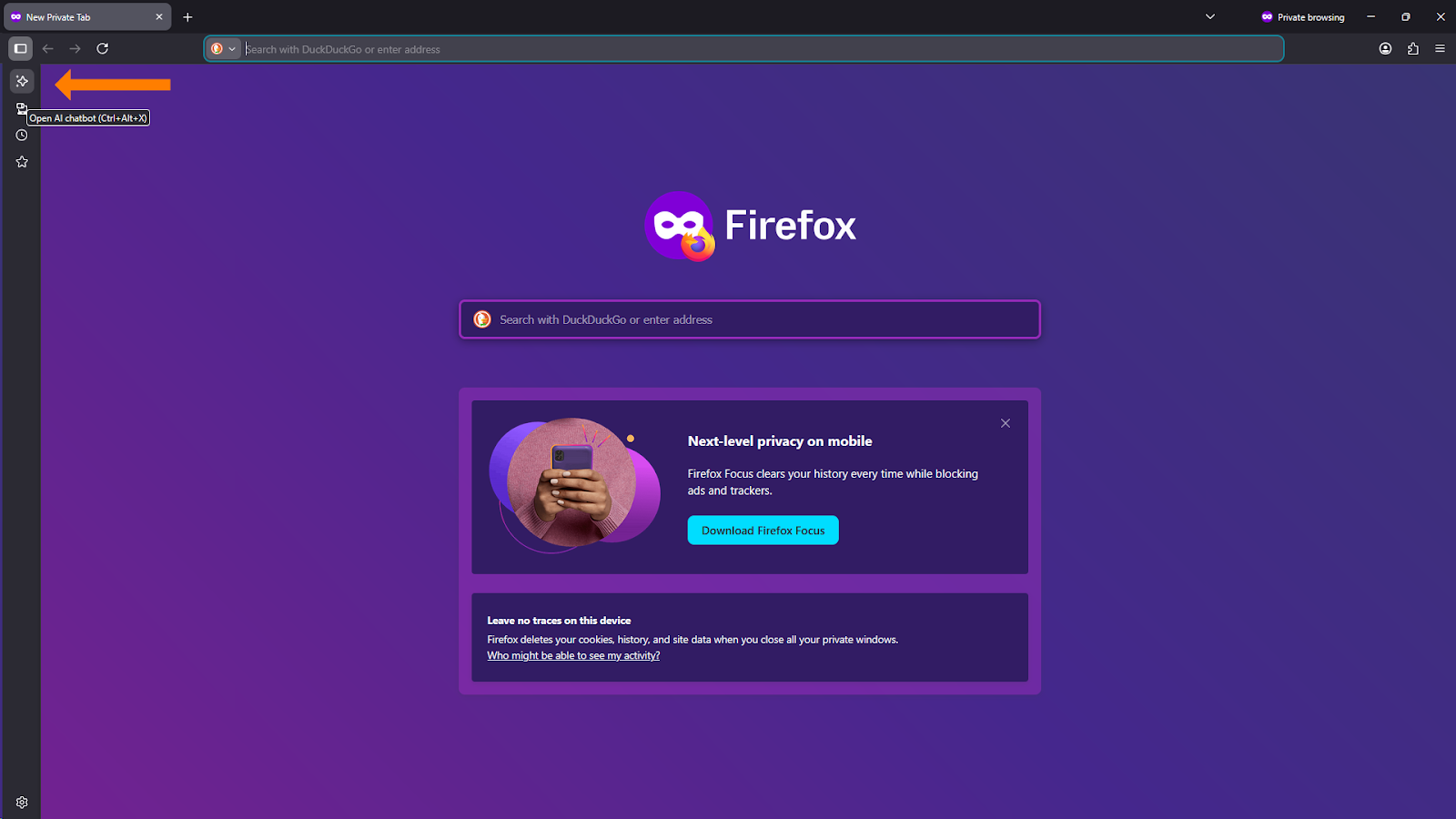 A screenshot of the Firefox browser with the sidebar slightly expanded. An orange arrow points to the AI icon, and a tooltip appears next to it that reads "Open AI chatbot (Ctrl+Alt+X)".