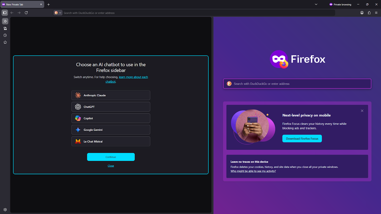 A screenshot showing the Firefox AI sidebar fully open on the left half of the screen. The panel title is "Choose an AI chatbot to use in the Firefox sidebar" and lists five selectable options: Anthropic Claude, ChatGPT, Copilot, Google Gemini, and Le Chat Mistral. A blue "Continue" button sits at the bottom of the list.