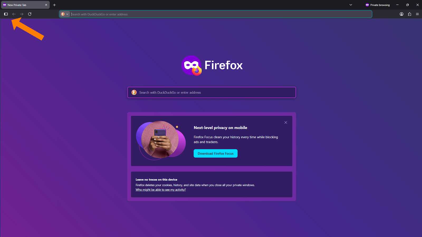 A screenshot of the Firefox "New Private Tab" home page in dark mode. An orange arrow in the top-left corner points to a new square icon in the sidebar, used to toggle the AI chatbot panel.