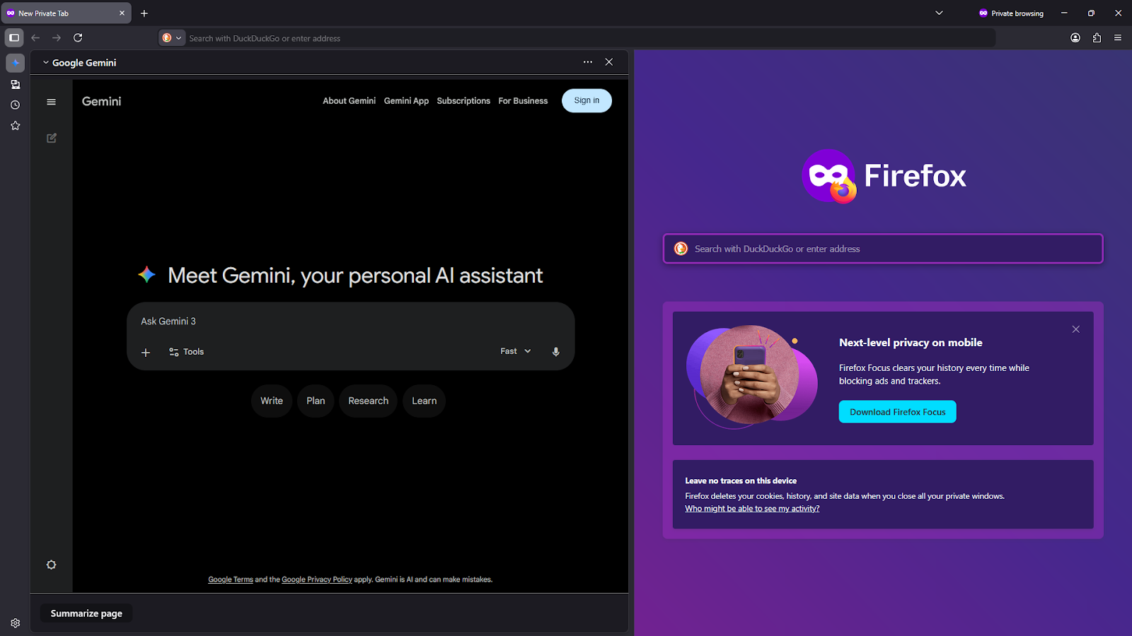 A screenshot of the Firefox browser with Google Gemini active in the sidebar. The sidebar displays the Gemini home screen with the header "Meet Gemini, your personal AI assistant" and a prompt bar that says "Ask Gemini 3". A "Summarize page" button is visible at the very bottom of the sidebar.