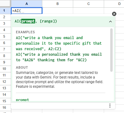 A screenshot of a Google Sheets cell with an active formula window for a new "=AI(" function. The help dialogue explains the syntax as "AI(prompt, [range])" and provides examples of using it to write personalized thank-you emails based on data in specific cells. An "About" section notes that the feature uses Gemini to summarize, categorize, or generate text tailored to spreadsheet data, and explicitly labels the feature as "experimental".