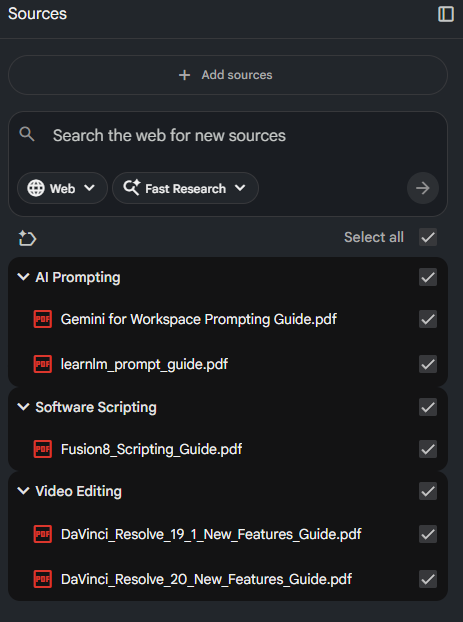 A screenshot of the NotebookLM "Sources" sidebar with all folders expanded. "AI Prompting" contains two PDFs, "Software Scripting" contains one, and "Video Editing" contains two. The interface demonstrates how folder organization clarifies the relationship between different technical guides and research papers.