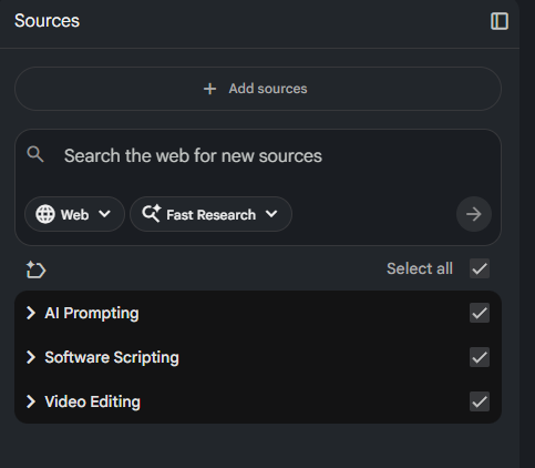 A screenshot of the NotebookLM "Sources" sidebar showing files organized into collapsed folders. Three folders are visible: "AI Prompting," "Software Scripting," and "Video Editing," each with a right-facing arrow and a checkmark indicating all contents are selected.