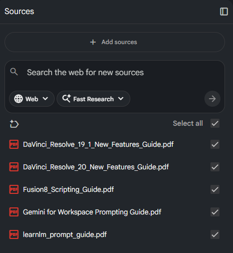 A screenshot of the NotebookLM "Sources" sidebar. Below the "Add sources" and "Fast Research" search bars is an unorganized list of five PDF files related to DaVinci Resolve, Fusion 8 scripting, and Gemini prompting. All files are selected with checkmarks.