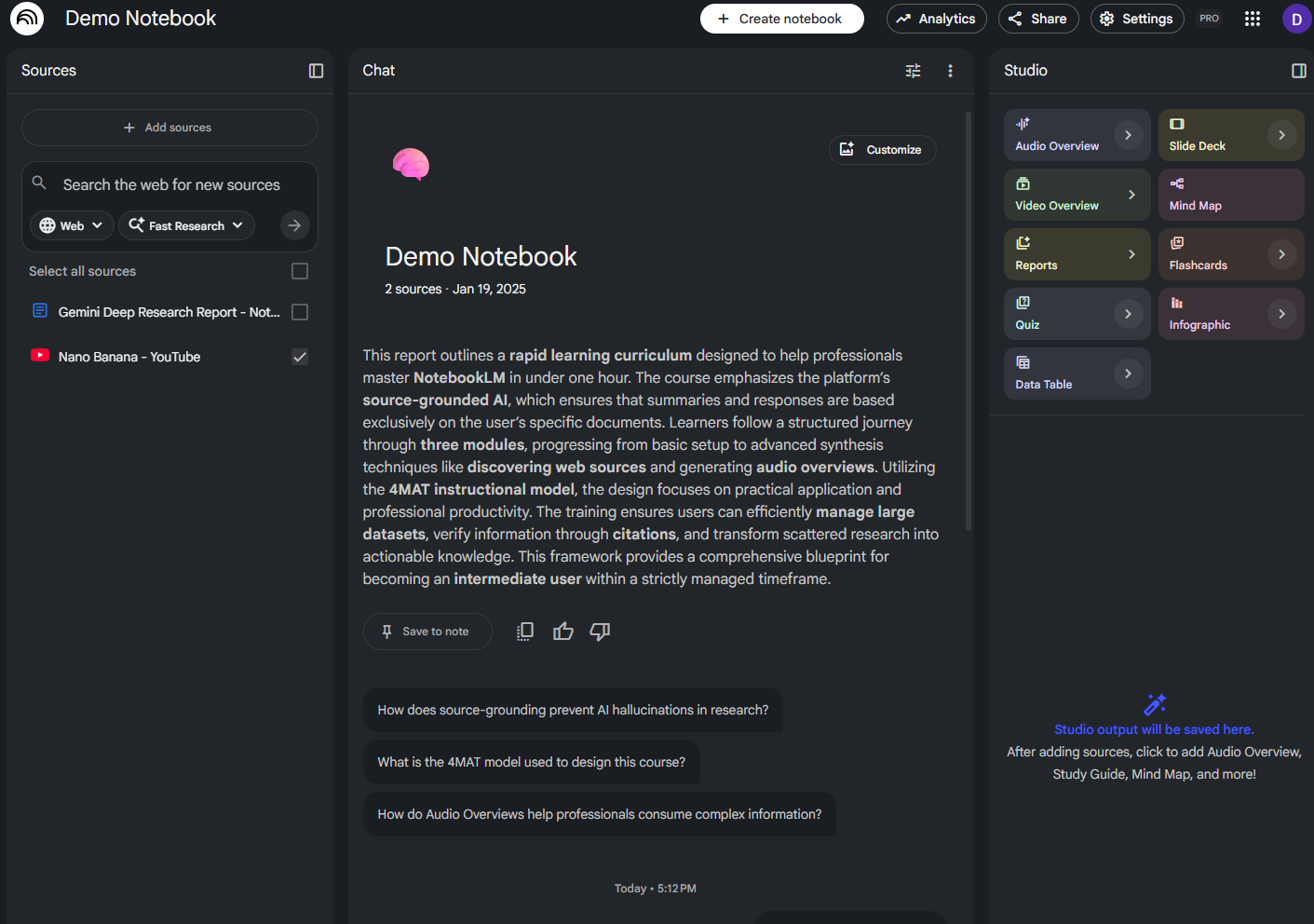 A screenshot of the NotebookLM "Demo Notebook" interface in dark mode. The layout is divided into three columns: "Sources" on the left listing a YouTube link; a central "Chat" window with a summary of a rapid learning curriculum; and the "Studio" panel on the right with buttons for Audio Overview, Slide Deck, and Infographics.