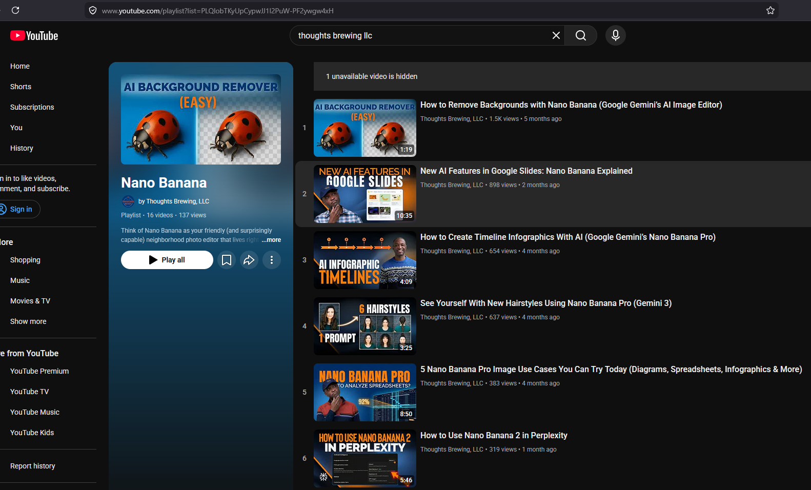 A screenshot of a YouTube playlist page for "Nano Banana" by Thoughts Brewing, LLC. The sidebar on the left shows standard YouTube navigation. The main content area lists video tutorials such as "How to Remove Backgrounds with Nano Banana" and "New AI Features in Google Slides." Each entry includes a thumbnail, title, view count, and upload date.