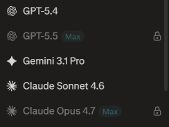 A screenshot of an AI model selection dropdown menu in May 2026. The list includes GPT-5.4, GPT-5.5 (labeled "Max" with a lock), Gemini 3.1 Pro, Claude Sonnet 4.6, and Claude Opus 4.7 (also labeled "Max" with a lock). Each model is accompanied by its respective brand logo—the OpenAI coil, the Google Gemini star, and the Anthropic sunburst.