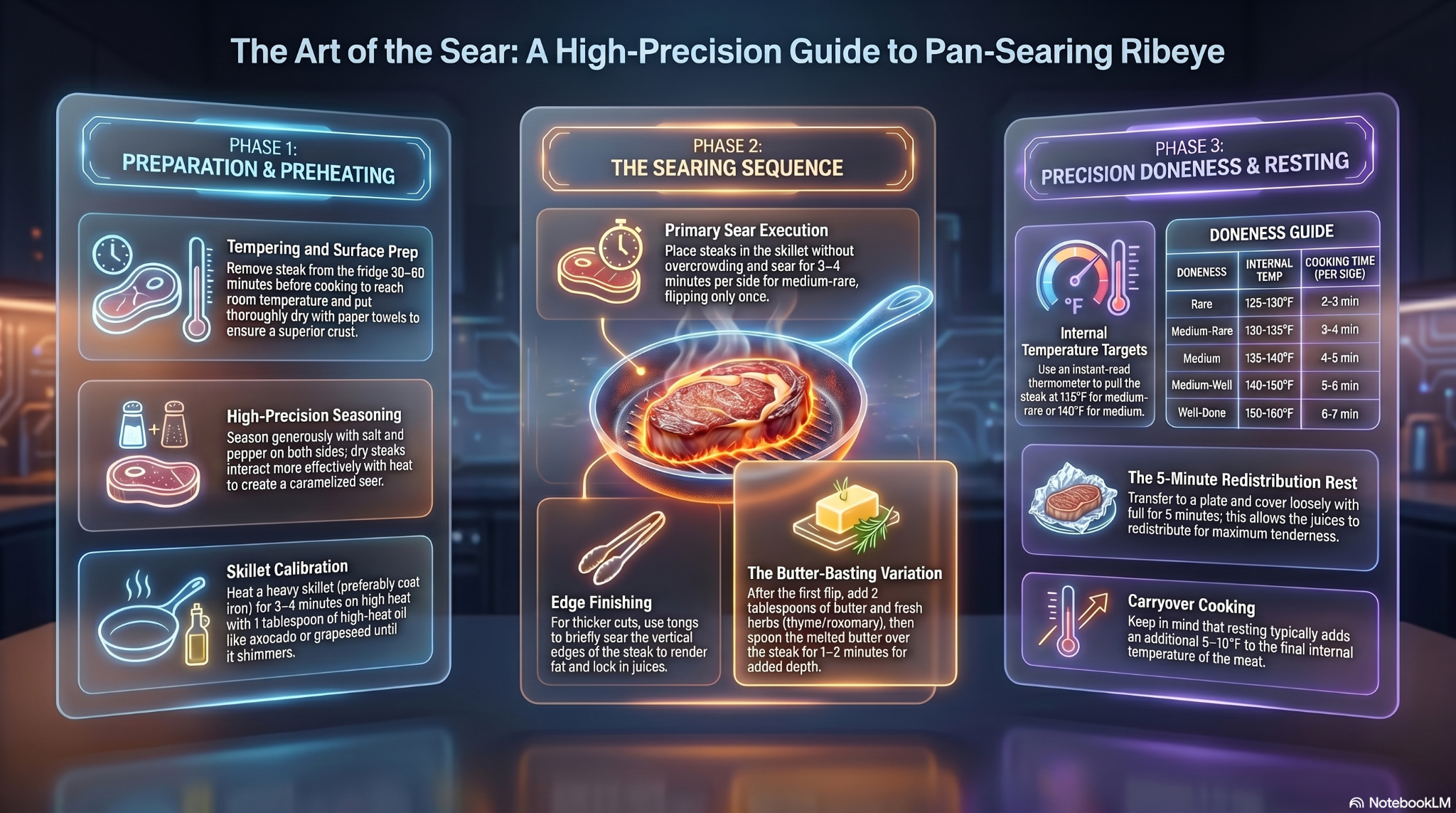 A high-tech "Glass-morphic" infographic titled "The Art of the Sear: A High-Precision Guide to Pan-Searing Ribeye." Information is organized into three floating, translucent frosted glass panels with neon blue, orange, and purple outlines. The panels detail Phase 1 (Preparation), Phase 2 (Searing Sequence), and Phase 3 (Precision Doneness & Resting), featuring glowing icons and a detailed doneness guide table.