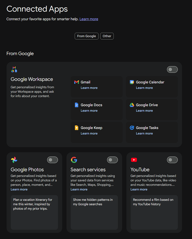 A screenshot of the "From Google" section in Gemini’s Connected Apps settings. A large card for Google Workspace lists integrated services including Gmail, Calendar, Docs, Drive, Keep, and Tasks. Below, three separate cards are shown for Google Photos, Search services, and YouTube, each with a toggle switch to enable personalized insights.