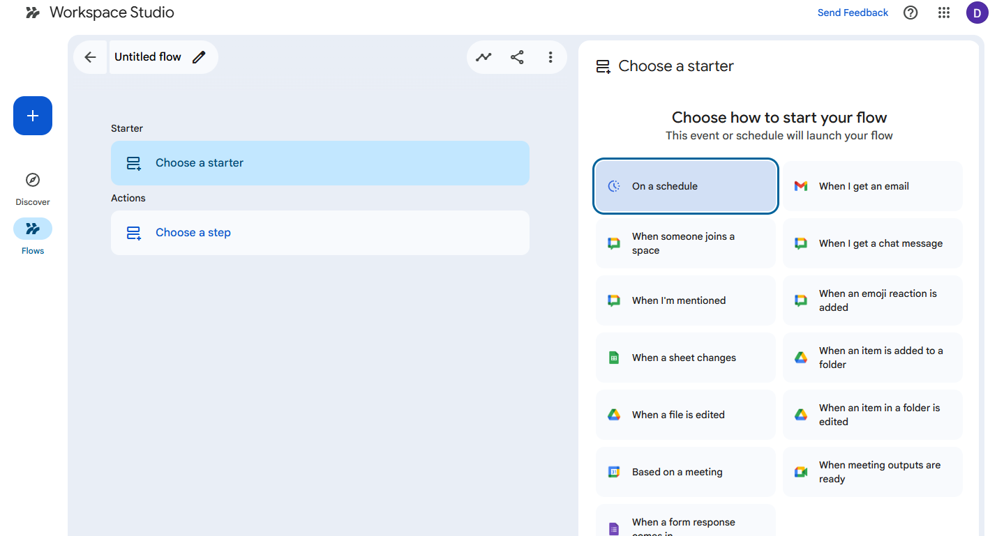 A screenshot of the "Choose a starter" menu in Workspace Studio for an "Untitled flow." A grid of trigger options is shown, including "On a schedule" (selected), "When I get an email," "When someone joins a space," and "When a sheet changes."