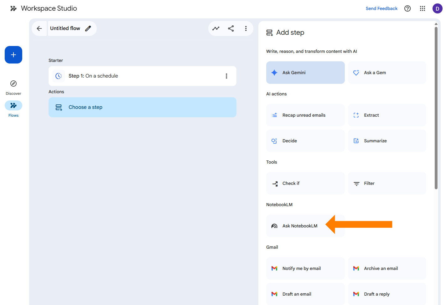 A screenshot of the "Add step" menu for an automation flow. Below sections for Gemini and Gmail, an orange arrow points to a "NotebookLM" section with a button labeled "Ask NotebookLM," allowing the flow to interact directly with research notebooks.
