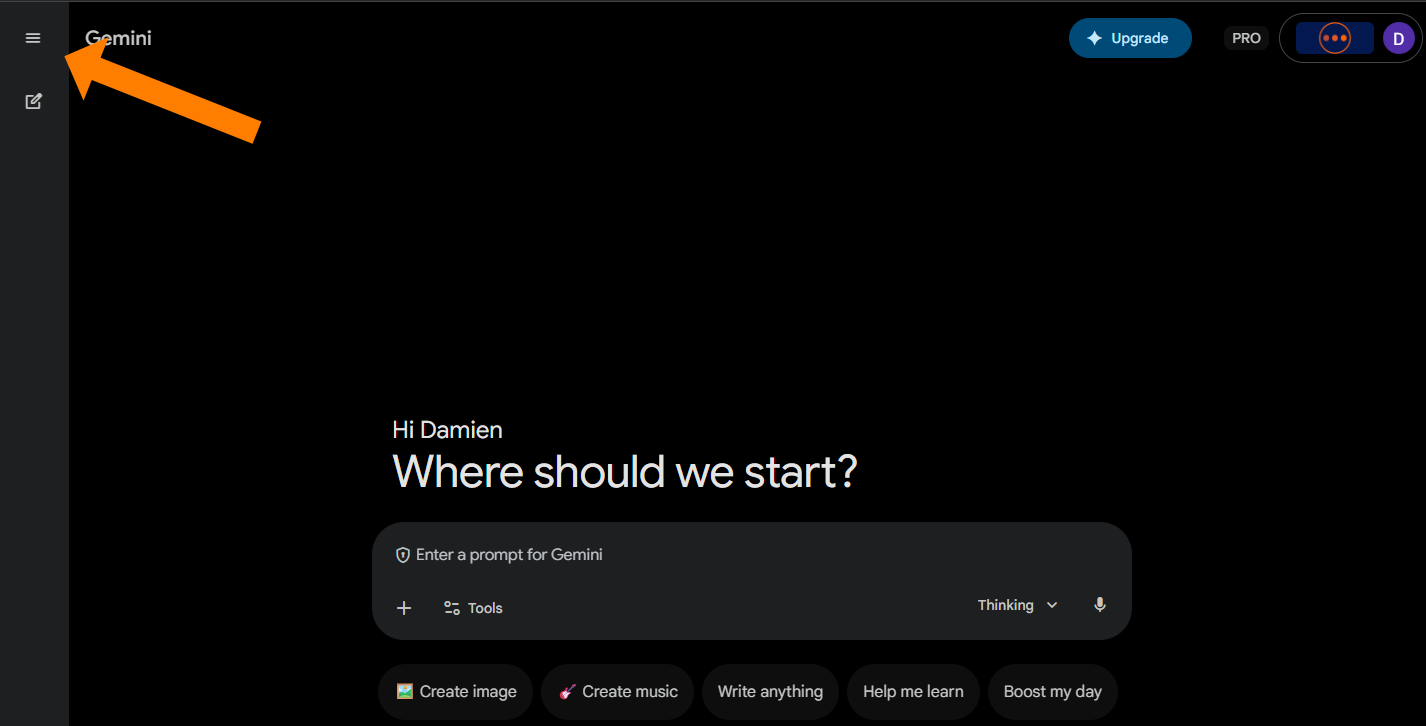Screenshot of the Gemini interface with an arrow pointing to the hamburger menu icon to expand the navigation panel.