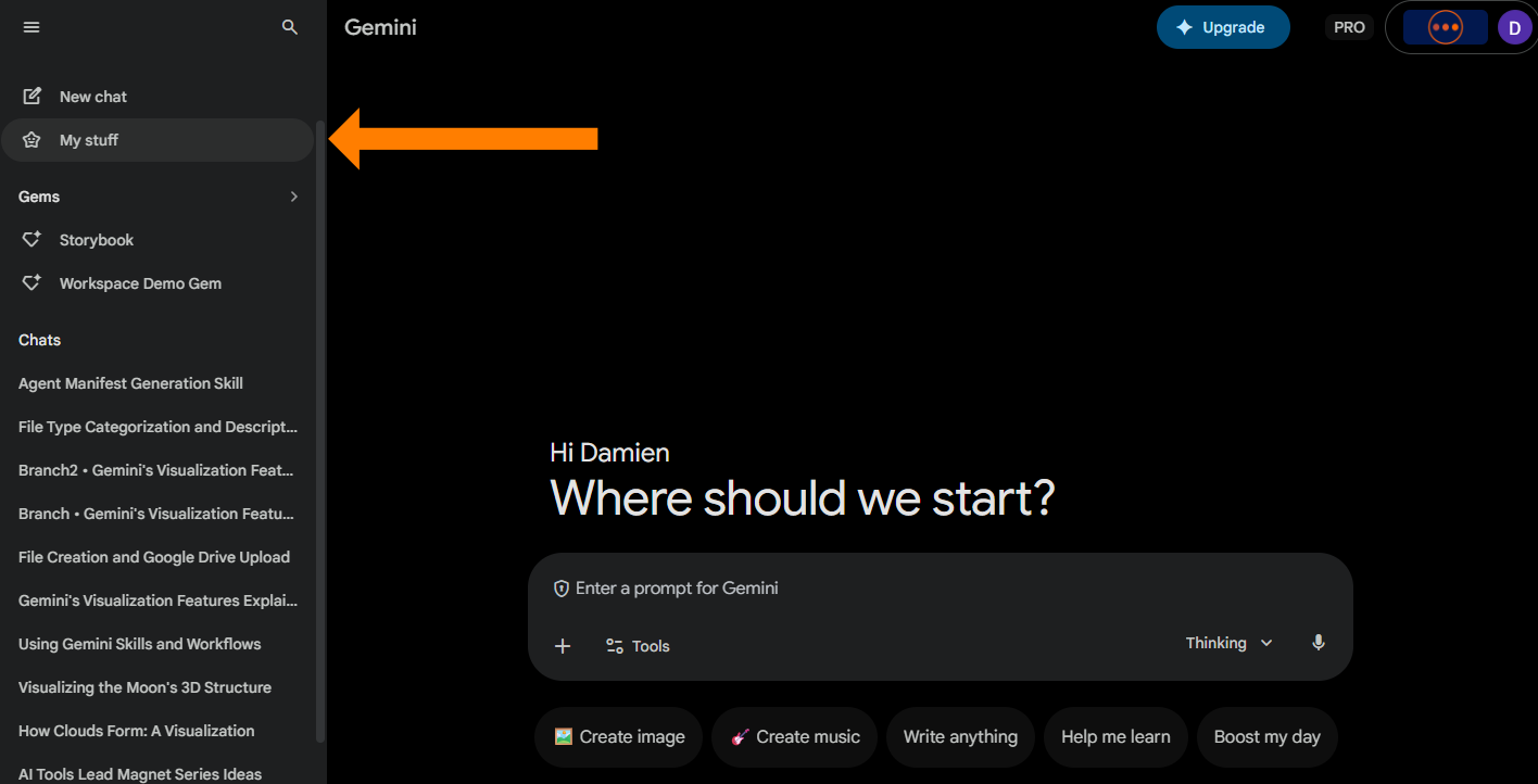 Screenshot of the expanded Gemini menu with the "My stuff" option highlighted.