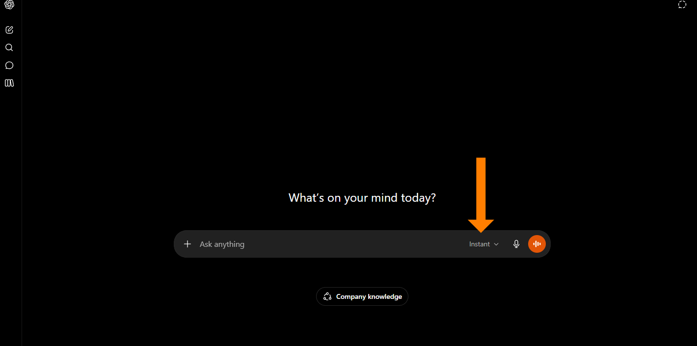 Screenshot of the ChatGPT interface in dark mode, showing an orange arrow pointing to the model selector option within the prompt input bar.