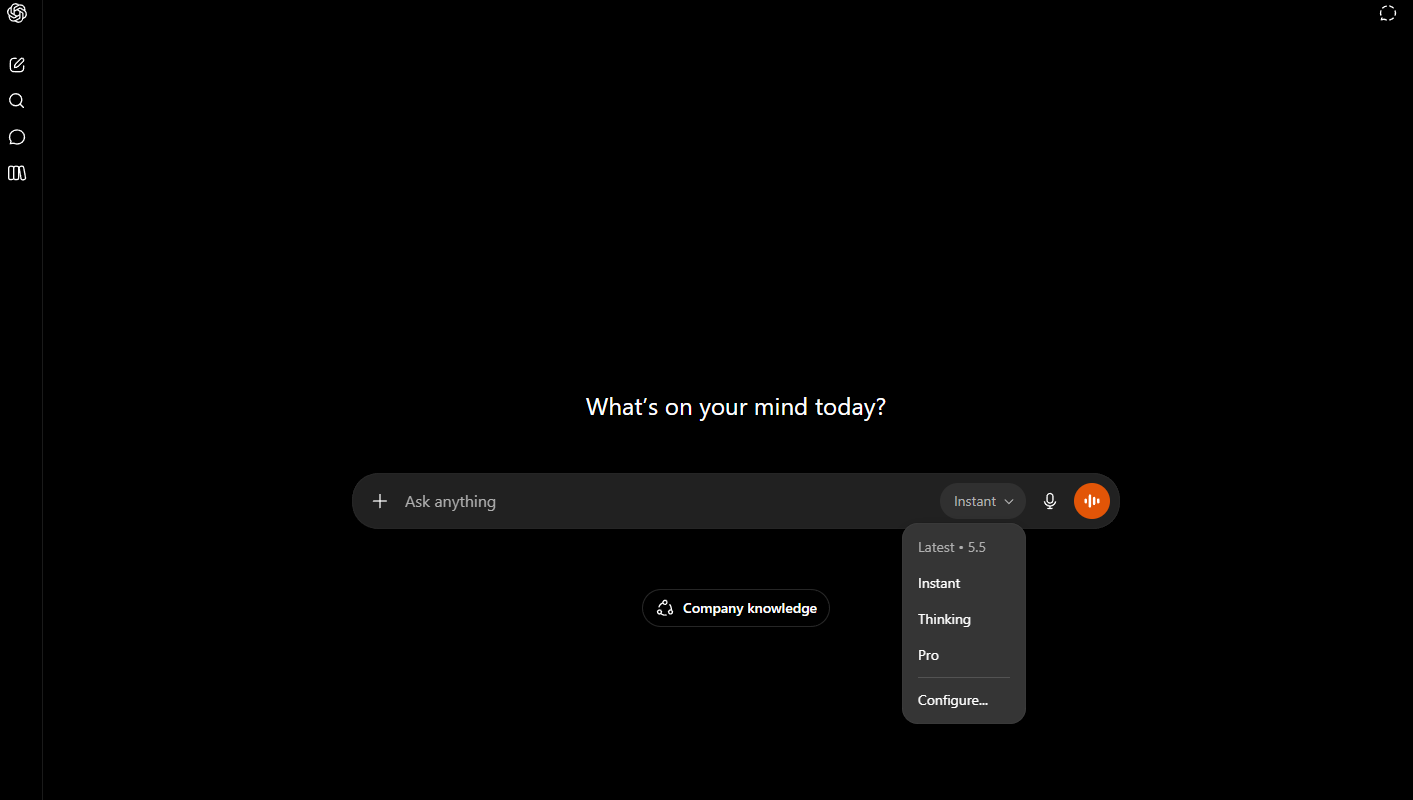 Screenshot of the ChatGPT interface in dark mode, showing the model selector dropdown menu open with options like Latest, Instant, Thinking, and Plus.