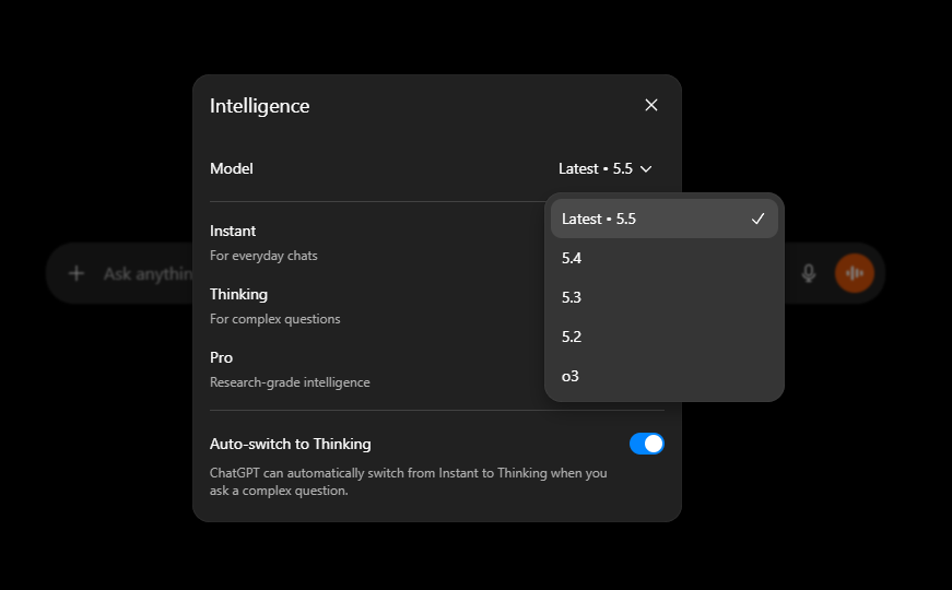 Cropped screenshot of the ChatGPT interface focusing on the bottom toolbar, displaying the "Intelligence" text and a capsule-shaped button with a plus sign icon.
