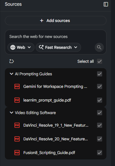 A user interface snippet from a NotebookLM sidebar panel. It displays a dark gray layout with selected files and category options, showing active checklist boxes next to each item