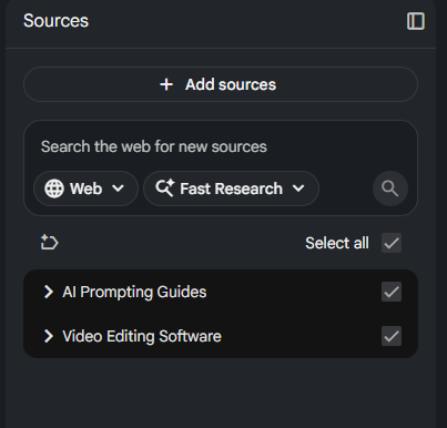 A dark-themed user interface snippet from NotebookLM showing the "Sources" panel after organization. The two individual PDF files are now grouped into two expandable category folders labeled "AI Prompting Guides" and "Video Editing Software," both of which are checked.
