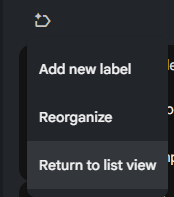 A detailed screenshot from the NotebookLM workspace application interface highlighting a quick action context menu. The menu provides selections for adding new labels, auto-reorganizing the source library layout, or reverting to a standard list view.