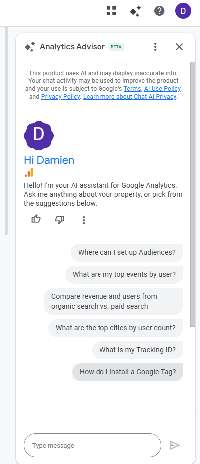 A screenshot of the Google Analytics platform with the Analytics Advisor side panel open, ready to guide the user through setup.