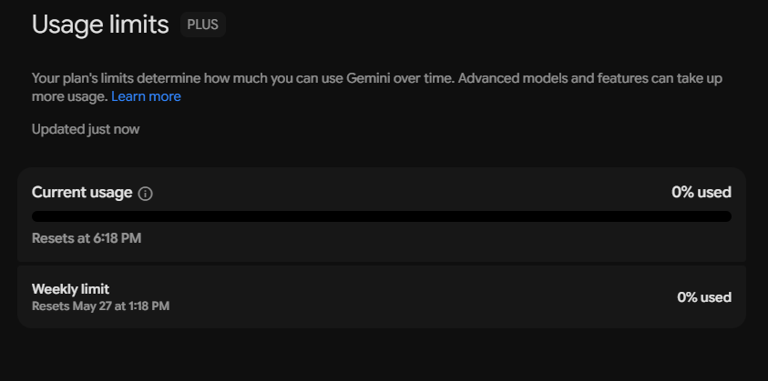 A screenshot of the "Usage limits" dashboard for a Gemini Plus account. It displays two main metric sections: "Current usage," showing 0% used with a note that it resets at 6:18 PM, and "Weekly limit," showing 0% used with a note that it resets on May 27 at 1:18 PM. Both sections feature empty horizontal progress bars.