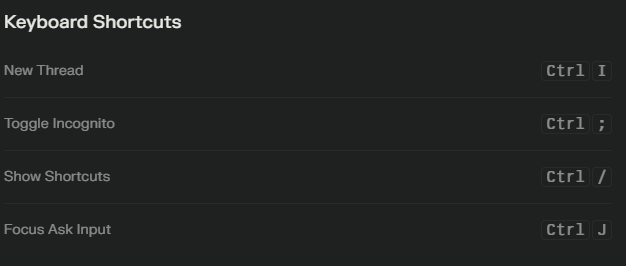  A screenshot of a dark-themed settings menu displaying Keyboard Shortcuts. The list includes:  New Thread: Ctrl I  Toggle Incognito: Ctrl ;  Show Shortcuts: Ctrl /  Focus Ask Input: Ctrl J