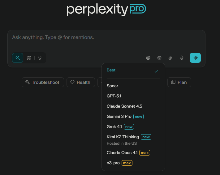 A screenshot of the Perplexity Pro search interface, showing the model selection dropdown menu. The menu lists various AI models available for generating answers, including: Best (selected), Sonar, GPT-5.1, Claude Sonnet 4.5, Gemini 3 Pro (new), Grok 4.1 (new), Kimi K2 Thinking (new), and Claude Opus 4.1 (max). This image highlights the diverse choice of AI models offered by Perplexity Pro.