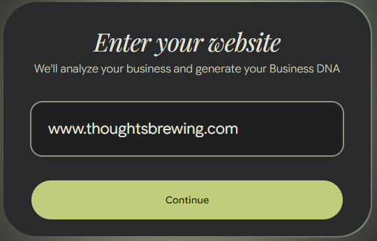 A screenshot of the Pomelli interface prompting the user to input a website URL. The field contains www.thoughtsbrewing.com, and a button below says "Continue." This image shows the initial step of entering business data for analysis.