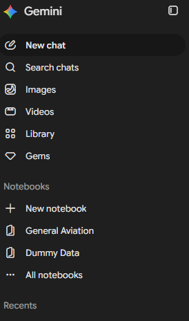 Gemini left sidebar navigation menu displaying the Notebooks section.