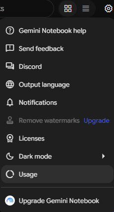Settings drop-down menu in Gemini Notebook highlighting the Usage option.