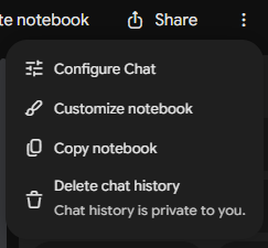 More options menu popup in Gemini Notebook with options including Configure Chat and Customize notebook.