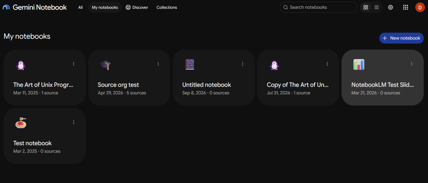 Gemini Notebook homepage displaying user notebooks, search bar, and a New notebook button.