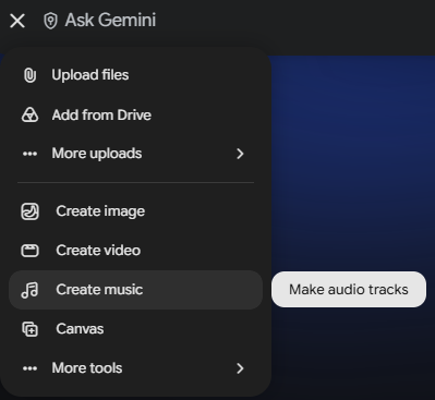 Gemini prompt menu showing options to upload files or create image, video, and music content.