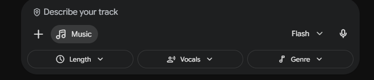 Gemini music prompt interface with dropdown menus to customize Length, Vocals, and Genre.